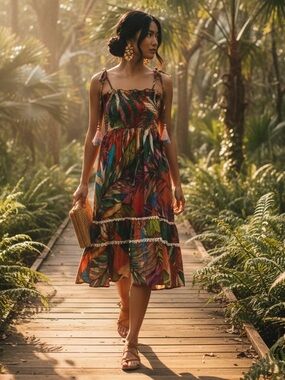 True Destinations Tropical Print Tie-Shoulder Ruffle Sundress size S